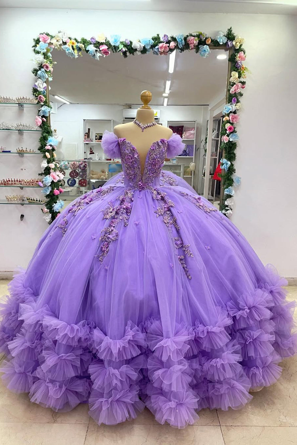 Purple V Neck Tiered Pleated Quinceanera Dress with Appliques