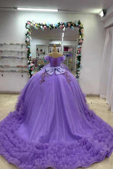 Purple V Neck Tiered Pleated Quinceanera Dress with Appliques