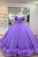 Load image into Gallery viewer, Purple Off The Shoulder Appliques Tulle Quinceanera Dress with Pleated