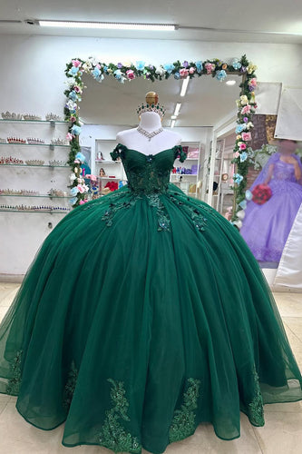Off the Shoulder Sparkly Dark Green Tulle Quinceanera Dress with Appliques
