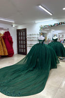 Load image into Gallery viewer, Off the Shoulder Sparkly Dark Green Tulle Quinceanera Dress with Appliques