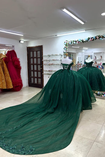 Off the Shoulder Sparkly Dark Green Tulle Quinceanera Dress with Appliques