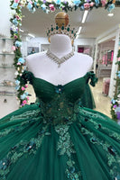 Load image into Gallery viewer, Off the Shoulder Sparkly Dark Green Tulle Quinceanera Dress with Appliques