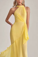 Load image into Gallery viewer, Light Yellow Halter Neck Mermaid Chiffon Long Wedding Guest Dress