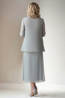 Load image into Gallery viewer, Light Grey Sheath Round Neck 2 Piece Mother of The Bride Dress