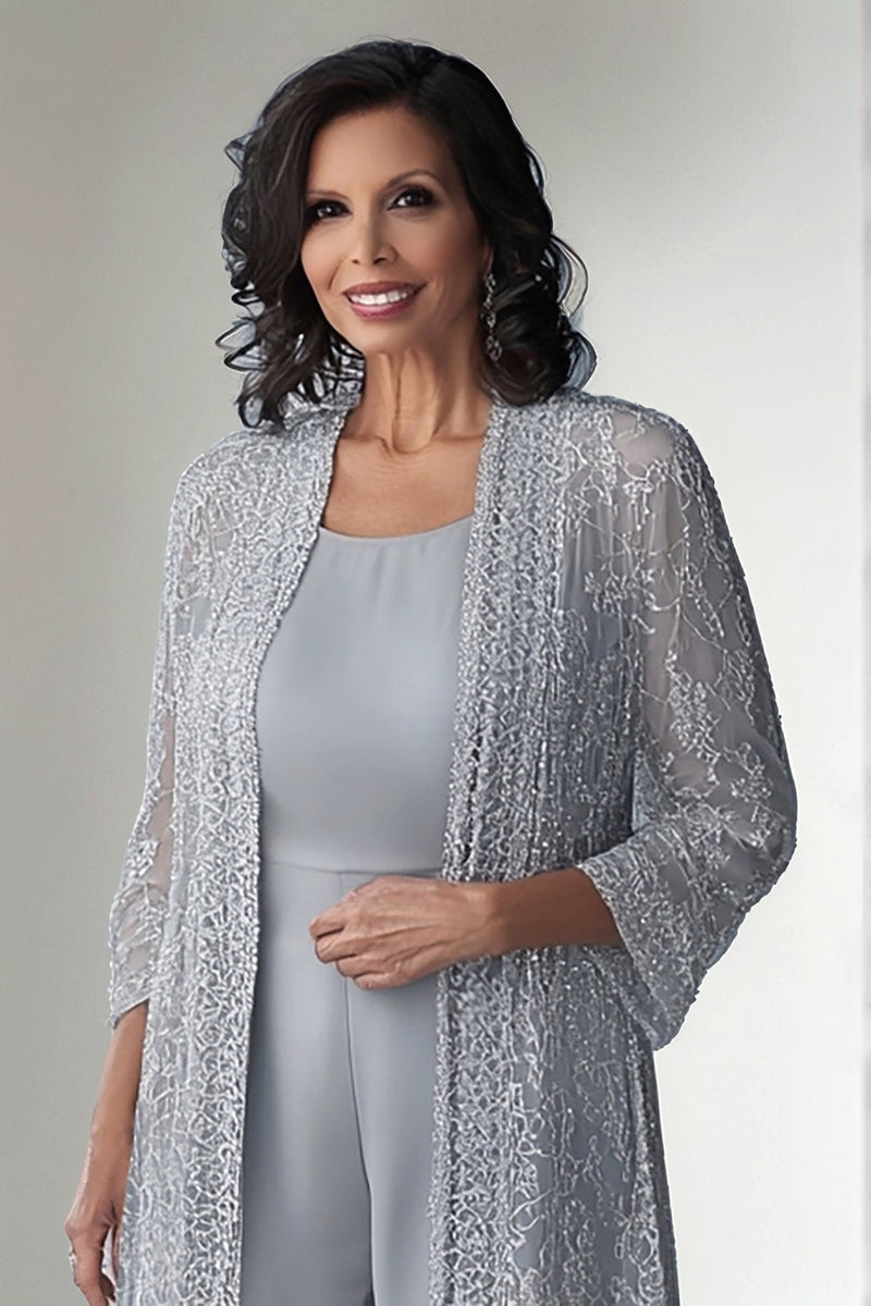 Load image into Gallery viewer, Light Grey 2 Piece Lace Mother of Bride Pant Suits