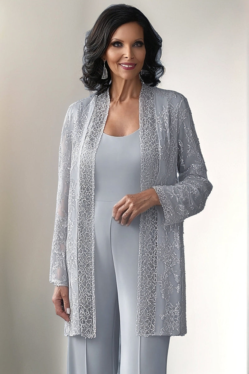 Load image into Gallery viewer, Light Grey 2 Piece Lace Mother of Bride Pant Suits