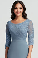 Load image into Gallery viewer, Chiffon Round Neck Lace Dusty Blue Mother of The Bride Dress with Half Sleeves