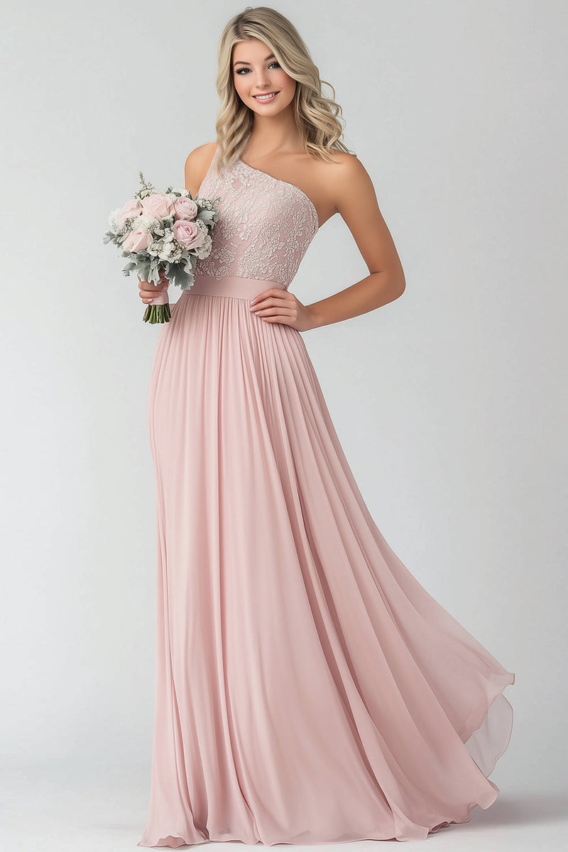 Load image into Gallery viewer, Blush A Line One Shoulder Lace Chiffon Bridesmaid Dress