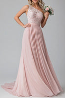 Load image into Gallery viewer, Blush A Line One Shoulder Lace Chiffon Bridesmaid Dress