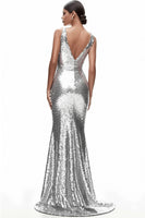 Load image into Gallery viewer, Sparkly Silver V-neck Sequined Mermaid Formal Dress