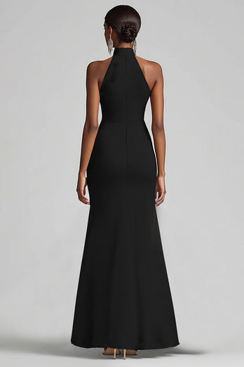 Halter Neck Ruffles Mermaid Black Tie Dress with Slit
