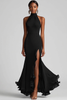 Load image into Gallery viewer, Halter Neck Ruffles Mermaid Black Tie Dress with Slit