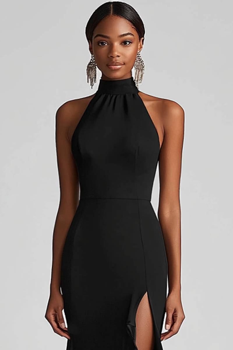 Halter Neck Ruffles Mermaid Black Tie Dress with Slit