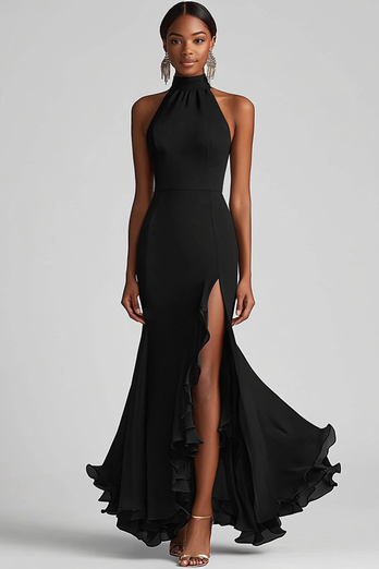 Halter Neck Ruffles Mermaid Black Tie Dress with Slit