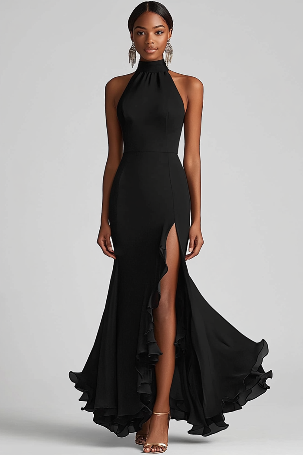 Halter Neck Ruffles Mermaid Black Tie Dress with Slit