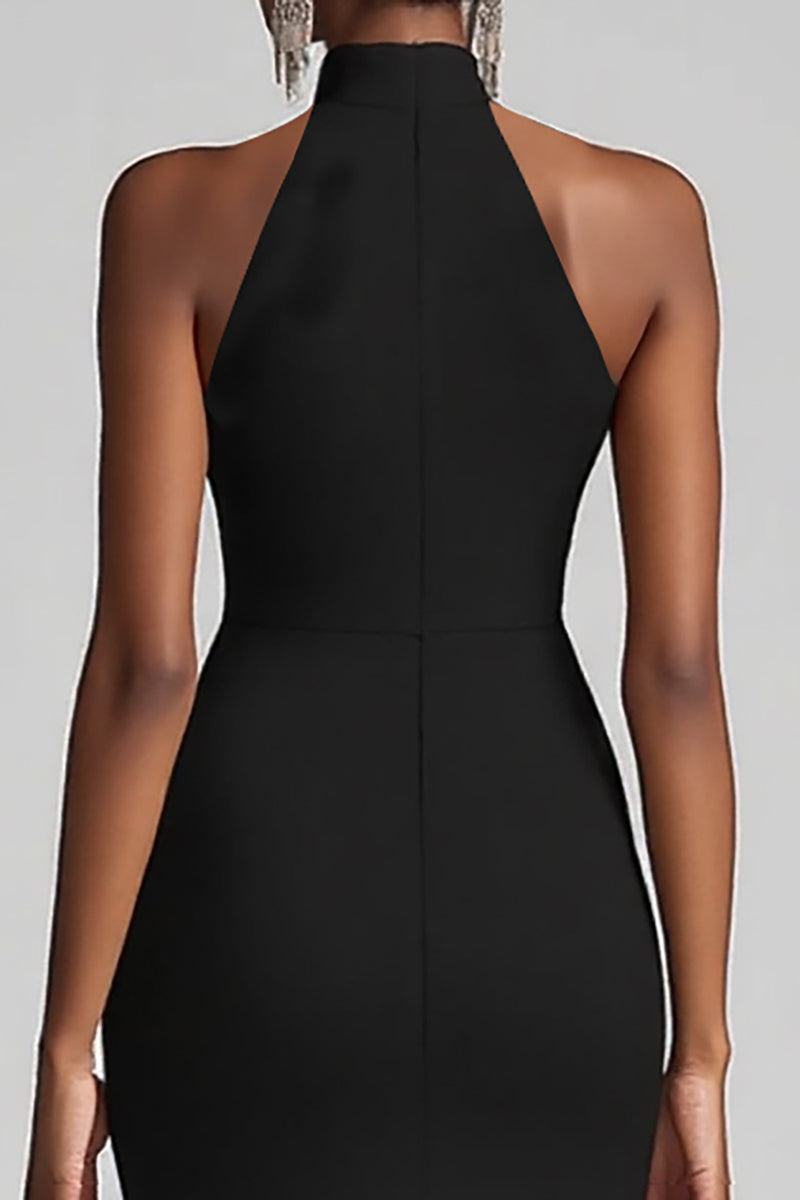 Halter Neck Ruffles Mermaid Black Tie Dress with Slit