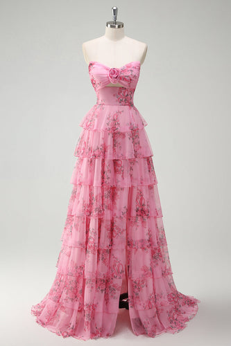 Blush Floral Printed Princess Tiered Long Prom Dress