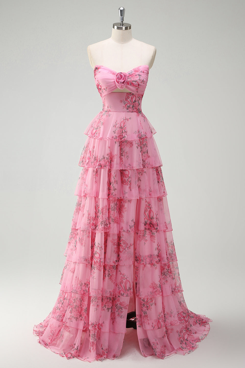 Blush Floral Printed Princess Tiered Long Prom Dress