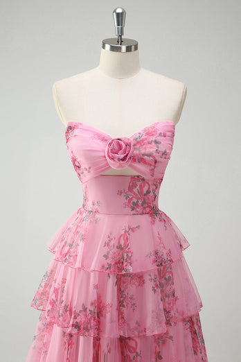 Blush Floral Printed Princess Tiered Long Prom Dress