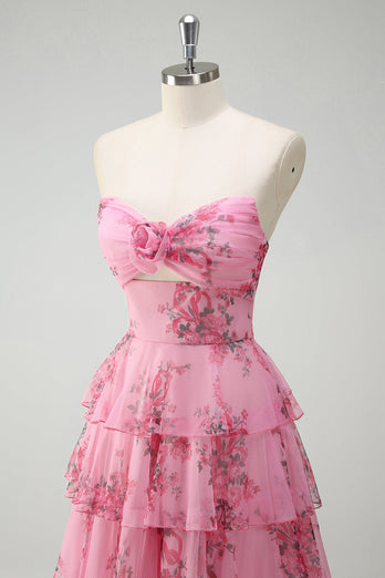 Blush Floral Printed Princess Tiered Long Prom Dress