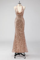 Load image into Gallery viewer, Glitter Champagne Mermaid Halter Sequin Long Prom Dress