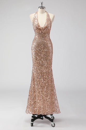 Glitter Champagne Mermaid Halter Sequin Long Prom Dress