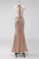 Load image into Gallery viewer, Glitter Champagne Mermaid Halter Sequin Long Prom Dress