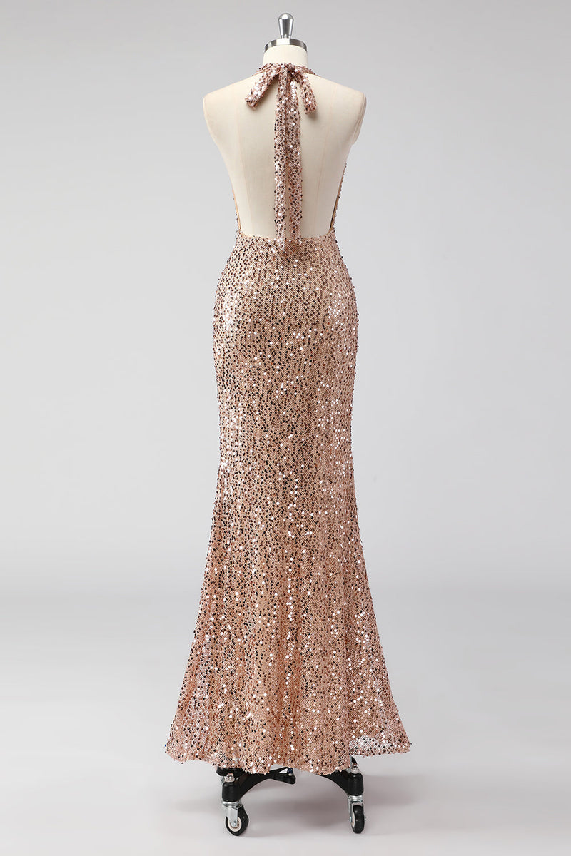 Load image into Gallery viewer, Glitter Champagne Mermaid Halter Sequin Long Prom Dress