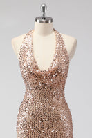 Load image into Gallery viewer, Glitter Champagne Mermaid Halter Sequin Long Prom Dress