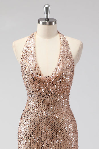 Glitter Champagne Mermaid Halter Sequin Long Prom Dress