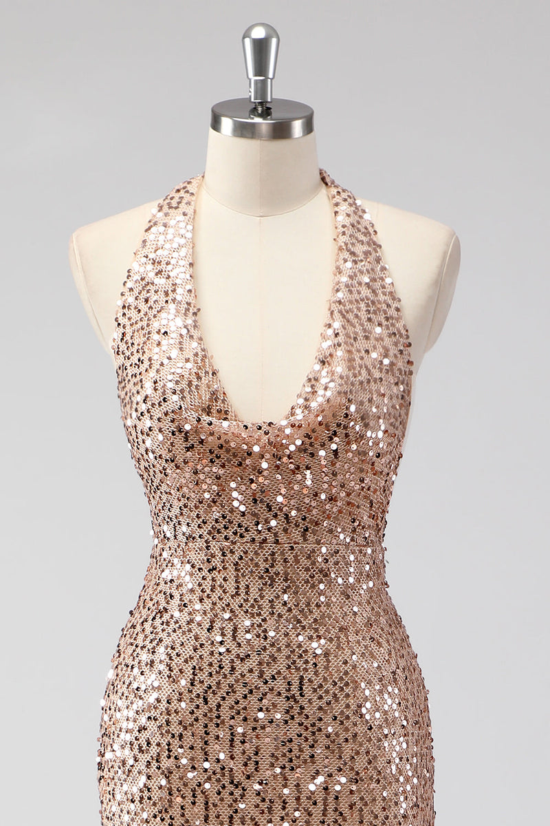Load image into Gallery viewer, Glitter Champagne Mermaid Halter Sequin Long Prom Dress