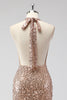 Load image into Gallery viewer, Glitter Champagne Mermaid Halter Sequin Long Prom Dress