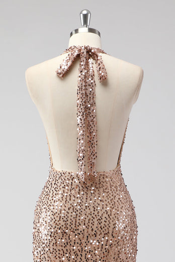 Glitter Champagne Mermaid Halter Sequin Long Prom Dress