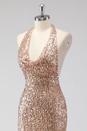 Glitter Champagne Mermaid Halter Sequin Long Prom Dress
