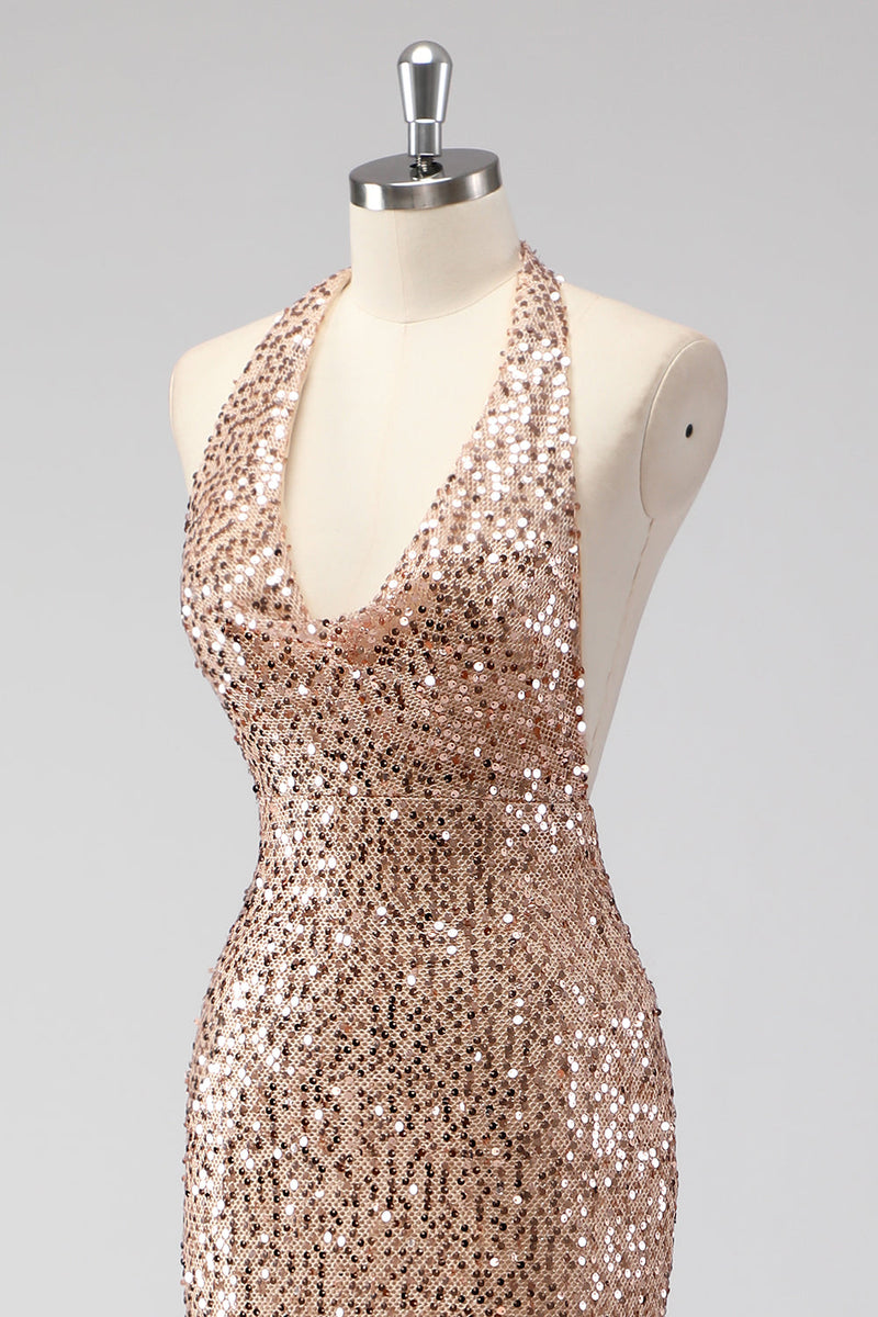 Load image into Gallery viewer, Glitter Champagne Mermaid Halter Sequin Long Prom Dress