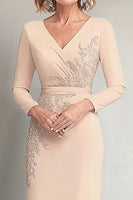 Load image into Gallery viewer, Beige Sheath V-neck Long Sleeves Mother of the Bride Dress with Appliques