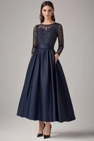 Load image into Gallery viewer, Sparkly Navy Beaded A Line Long Sleeves Mother Of the Bride Dress with Lace