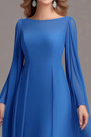 Load image into Gallery viewer, Blue Tulle Long Sleeves A Line Boat Neck Mother Of the Bride Dress