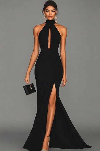 Hellymoon Women Formal Dress With Slit Mermaid Halter Neck With Hook Satin Black Tie Wedding Guest Dress hellymoonuk Hellymoon Women Formal Dress With Slit Mermaid Halter Neck With Hook Satin Black Tie Wedding Guest Dress hellymoonuk