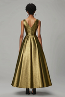 Load image into Gallery viewer, Sparkly Dark Gold A-Line V Neck Ruched Ankle Length Formal Dress