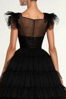 Load image into Gallery viewer, Black A-Line Flatter Sleeves Ruffles Tulle Tea Length Formal Dress