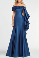 Load image into Gallery viewer, Dark Blue Mermaid Off the Shoulder Ruffles Satin Evening Dress