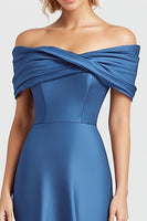 Load image into Gallery viewer, Blue Mermaid Ruched Off the Shoulder Satin Long Formal Dress
