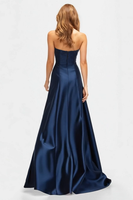 Load image into Gallery viewer, Beaded Navy Blue A Line Sweetheart Satin Sparkly Formal Dress with Slit