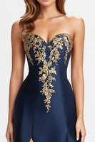 Load image into Gallery viewer, Beaded Navy Blue A Line Sweetheart Satin Sparkly Formal Dress with Slit