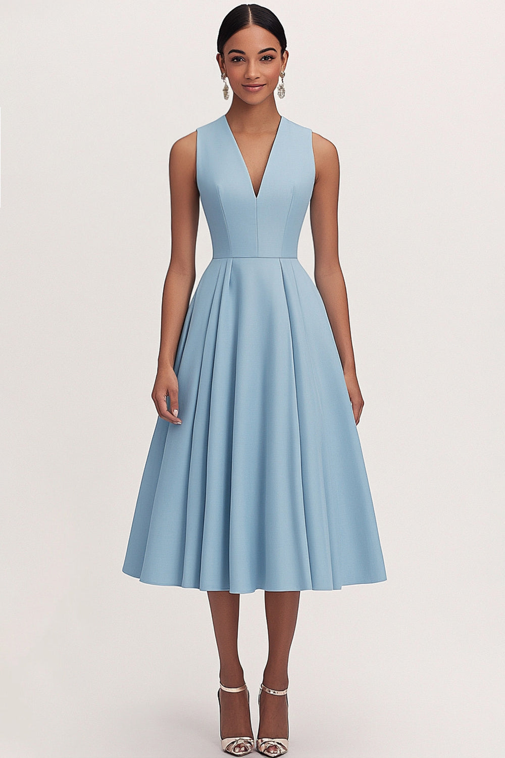 A Line V Neck Blue Pleated Formal Party Dress