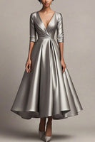 Load image into Gallery viewer, V-Neck A Line Satin Grey Sleeves Calf Length Mother Dress