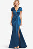 Load image into Gallery viewer, Mermaid V-Neck Blue Ruched Sleeves Full Length Mother Dress with Slit