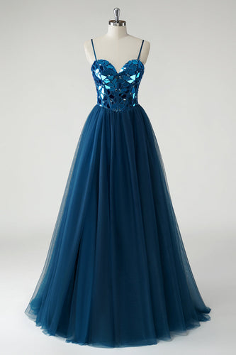 Sparkly A Line Dark Blue Mirror Long Prom Dress